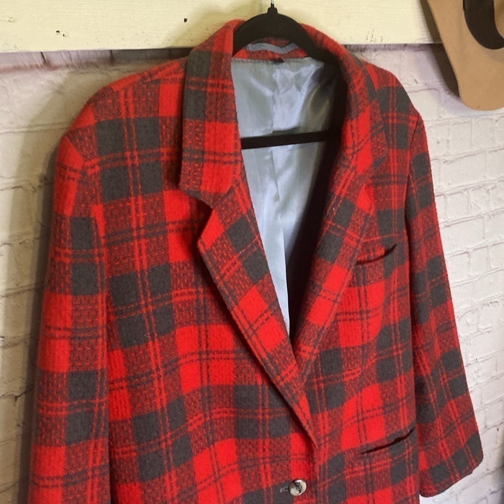 Vintage Reitmans Red Plaid Tartan Wool Blend Button Up Blazer Pockets Size L - Picture 4 of 17
